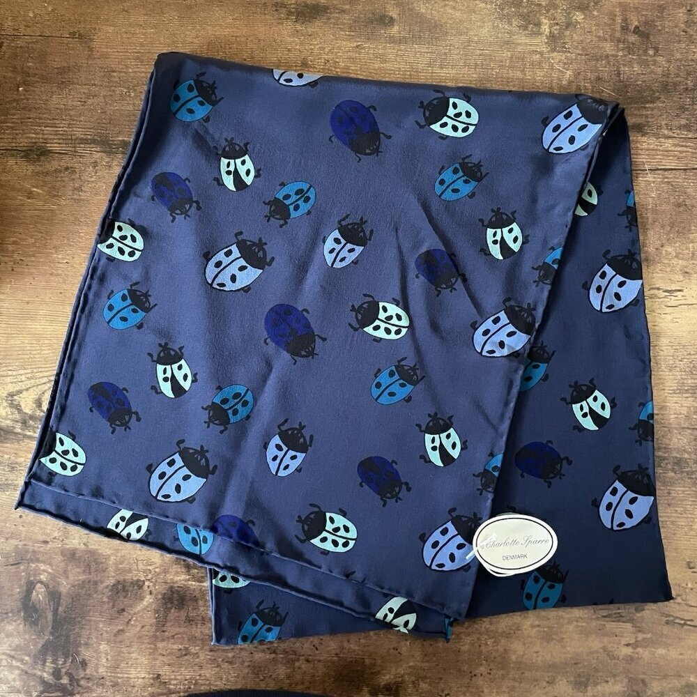 Vintage Charlotte Sparre Denmark Womens Scarf Navy Blue Silk Ladybug Print 63x13